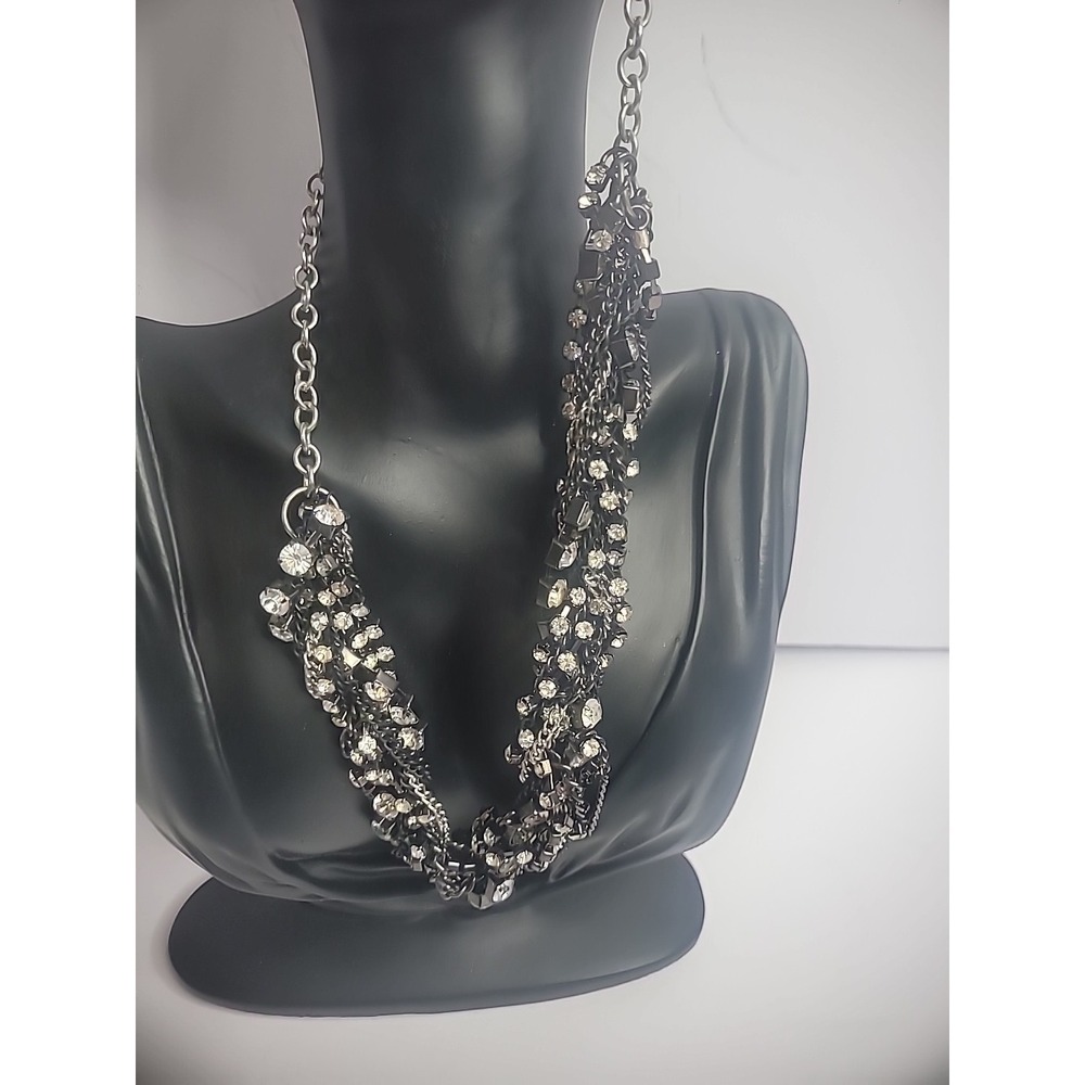 Vintage Silver Black Chain Crystals White Twisted Statement Jewelry Costume